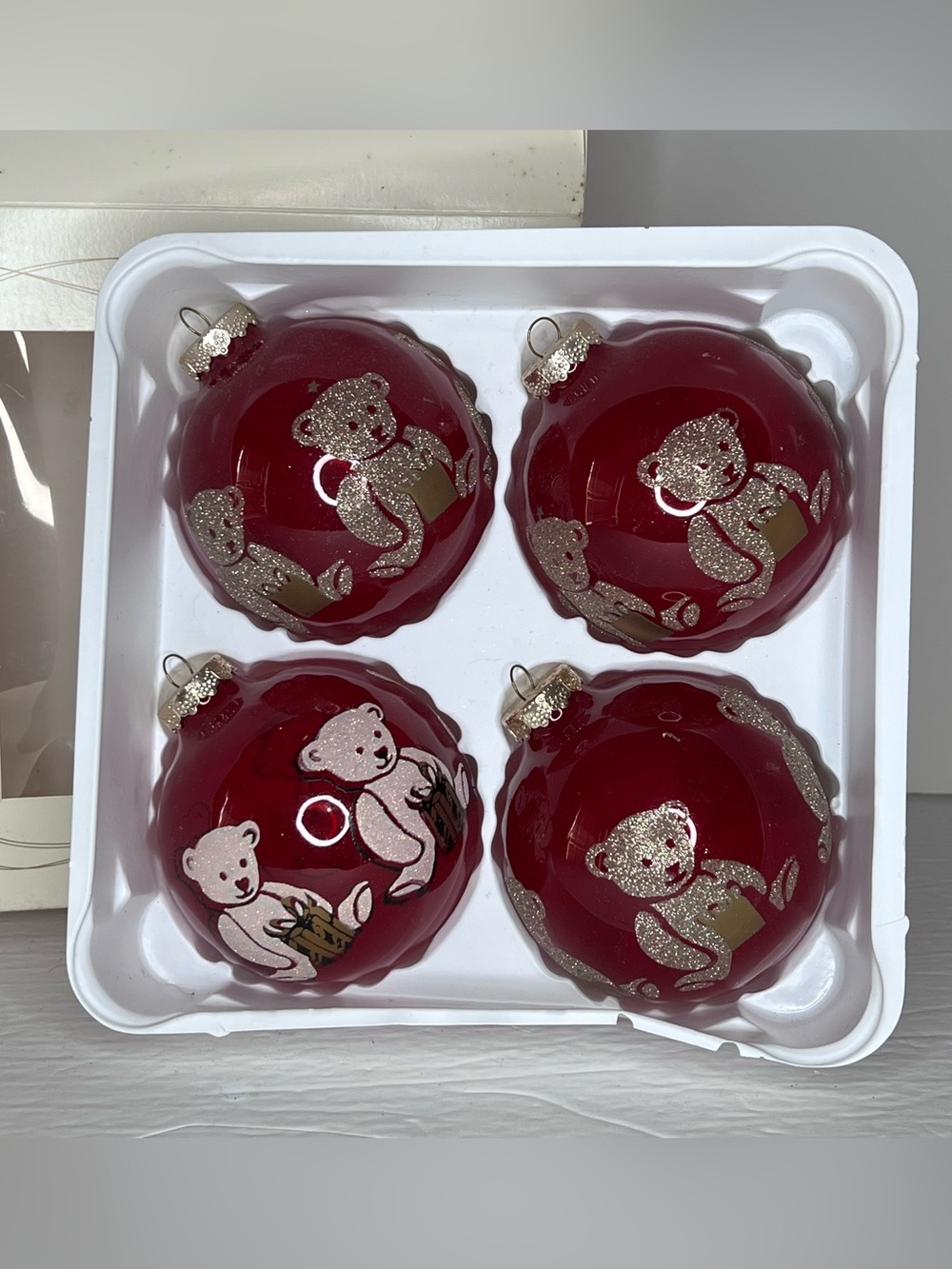 Radko for Shiny Bright Glass Glitter Teddy Bear Christmas Ornaments 4" Red Boxed